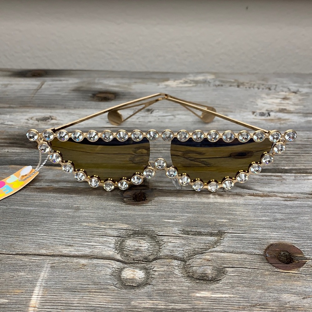 Rhinestoned Cat Eye Sunglasses Mirrored Lenses